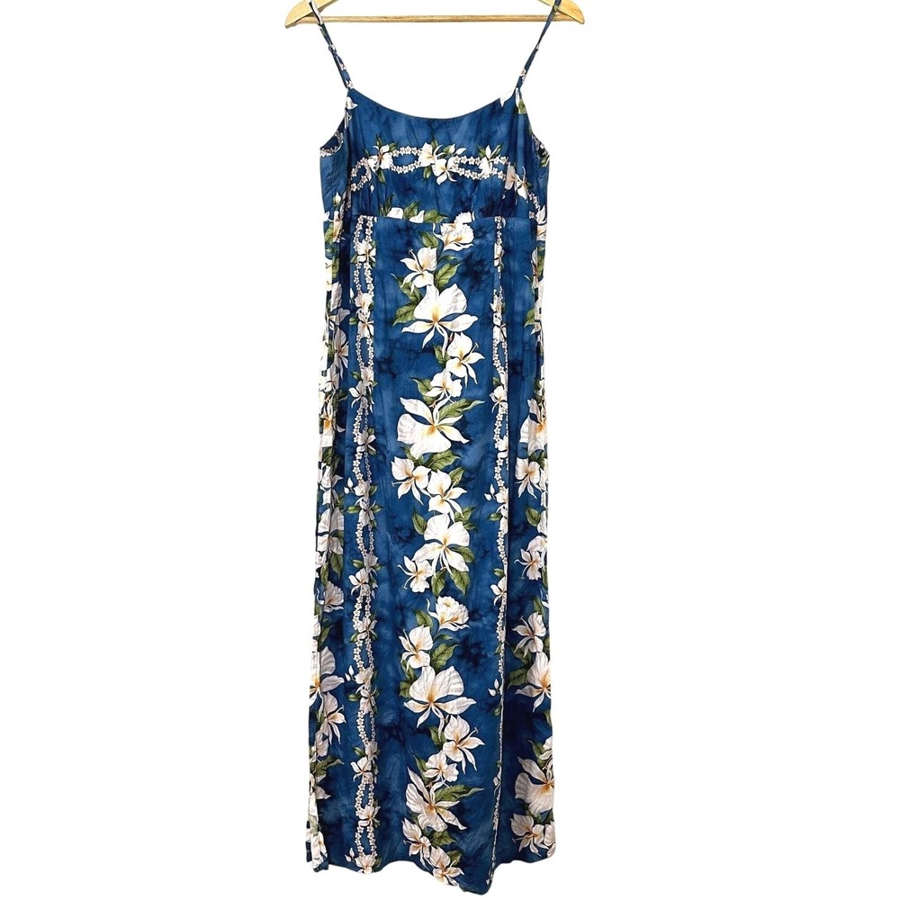 VTG Hawaiian Floral Maxi Dress Blue Aloha Lily Print Tropical Spaghetti Strap L